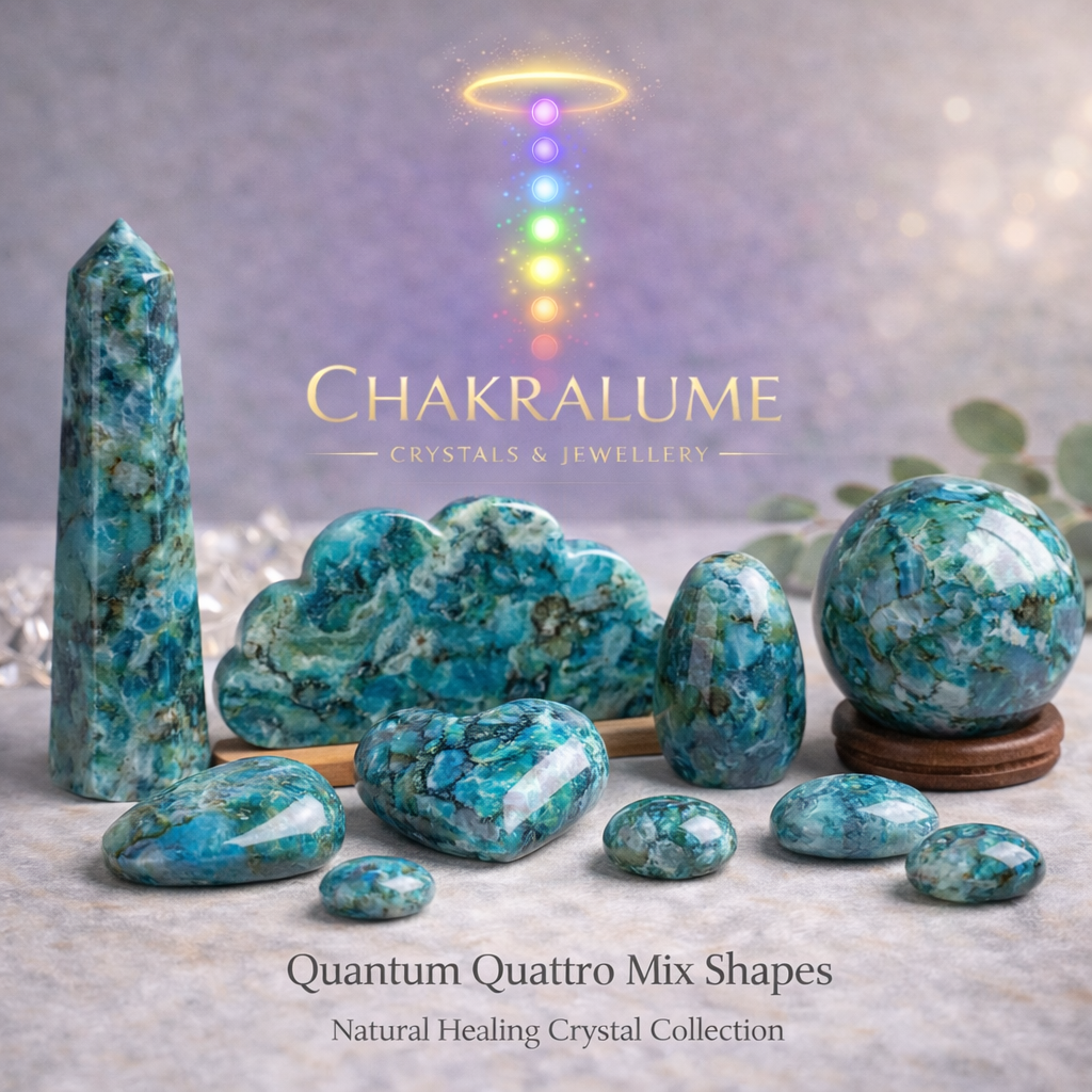 Quantum Quattro is a rare fusion crystal admired for its vibrant colors and transformative energy, promoting emotional clarity and renewal.