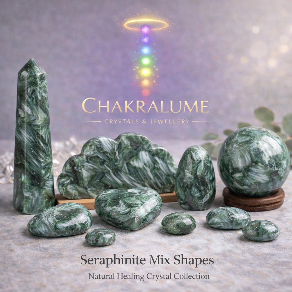 Seraphinite is a rare, deep green crystal admired for its feather-like patterns and gentle energy, symbolizing emotional healing and spiritual harmony.